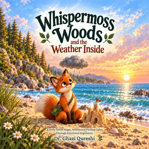 The cover of Whispermoss Woods and the Weather Inside: a young fox on a sunlit beach with a small grey rain cloud above his head.