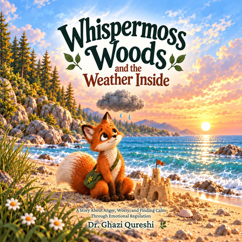 The cover of Whispermoss Woods and the Weather Inside: Fig, a young fox with a green satchel, sits on a sunlit beach beside a sandcastle with a small grey rain cloud above his head.