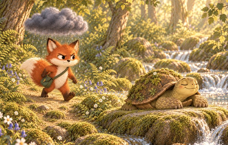 Fig meets Pebble, a tortoise with moss and small white flowers growing on his shell, beside a sunlit creek.