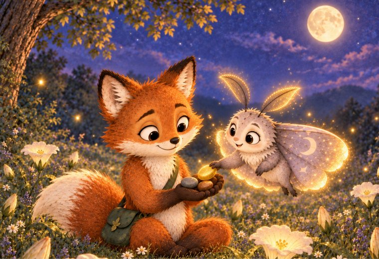 Fig holds out his stones to Bo, a glowing lilac moth, in a moonlit clearing full of pale flowers.
