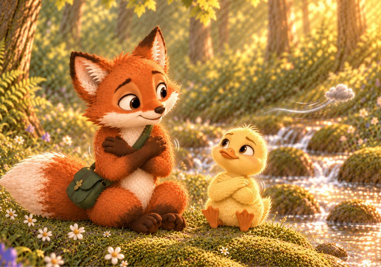 Fig and Willow the duckling sit by the water with their arms crossed over their chests, doing the butterfly hug together.